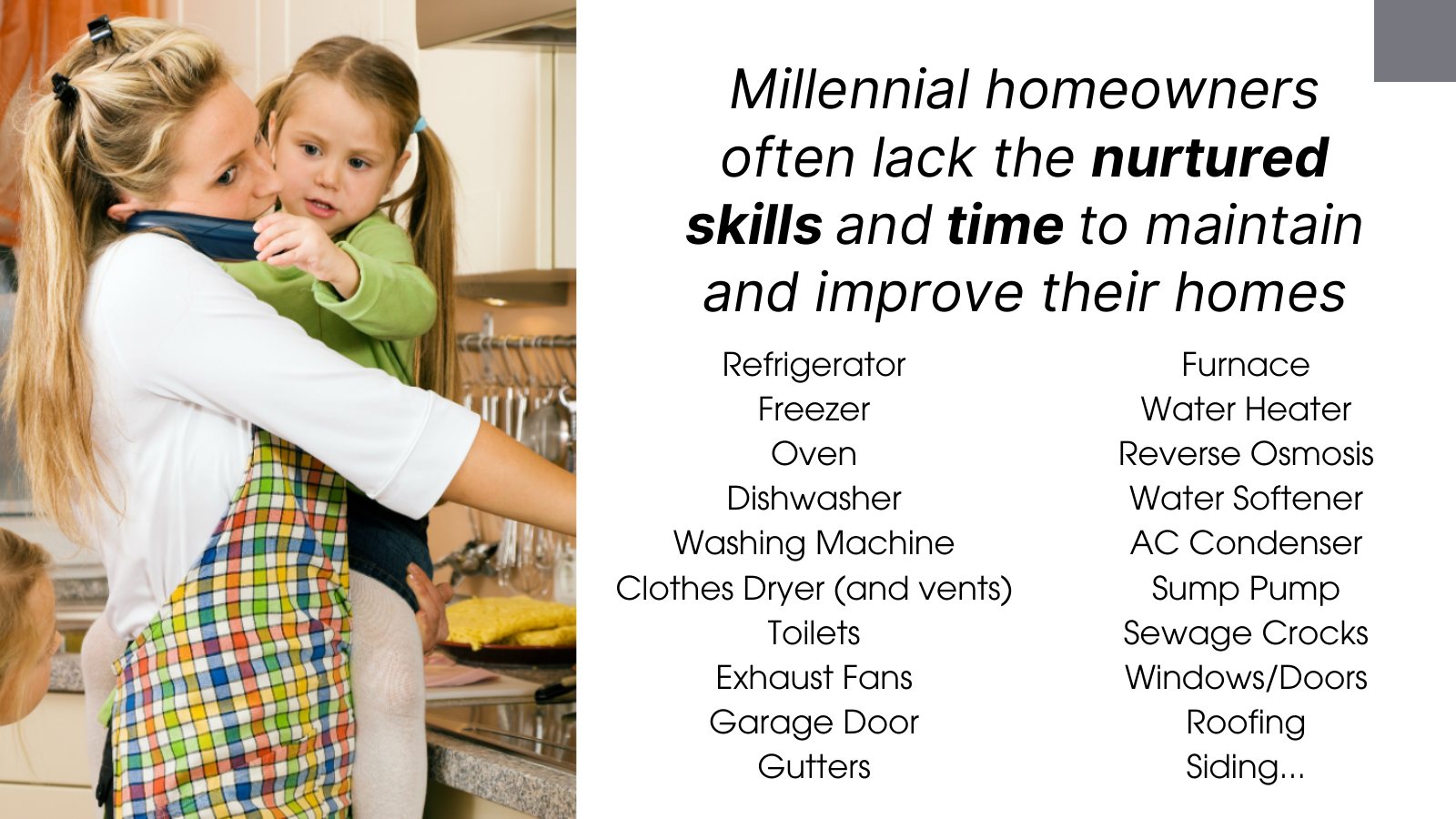 The problem. Millennial homeowners often lack the nurtured skills and time to maintain and improve their homes. A long list of what needs upkeep: refrigerator, furnace, water heater, sump pump, gutters, roofing, siding and more.
